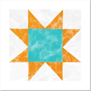 Orange and Cyan Quilt Star Watercolor Posters and Art